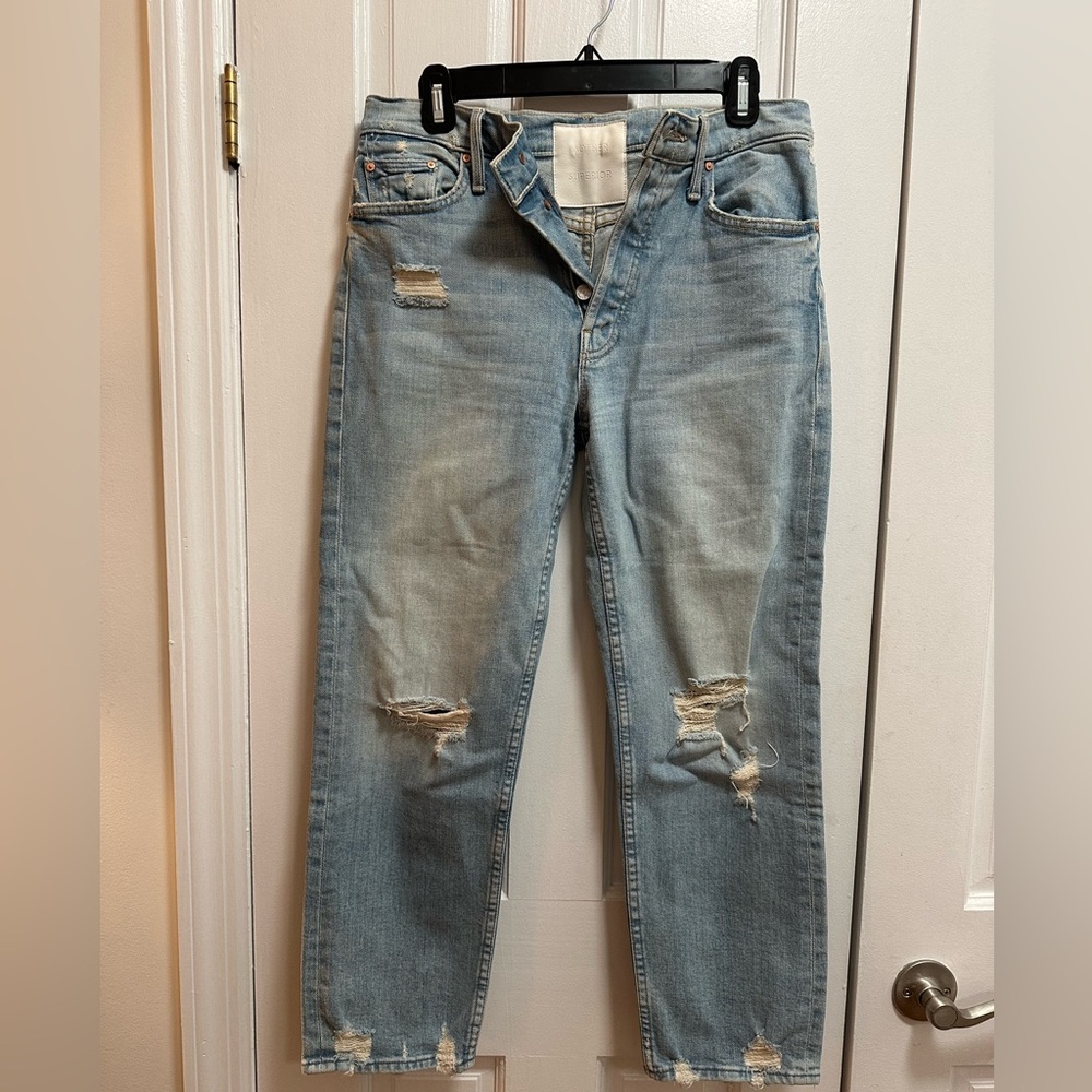 Mother Distressed Light Wash Denim Jeans - cropped.